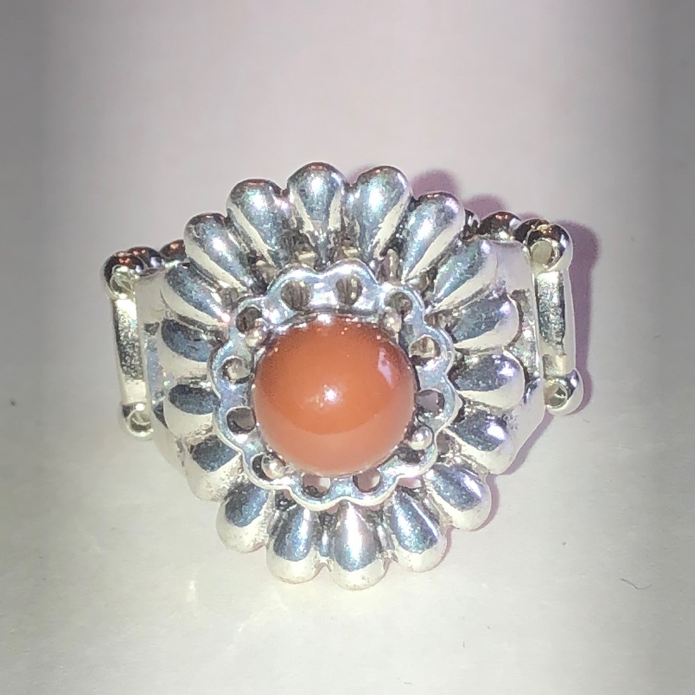 Silver Tone Floral Ring with Faux Stone